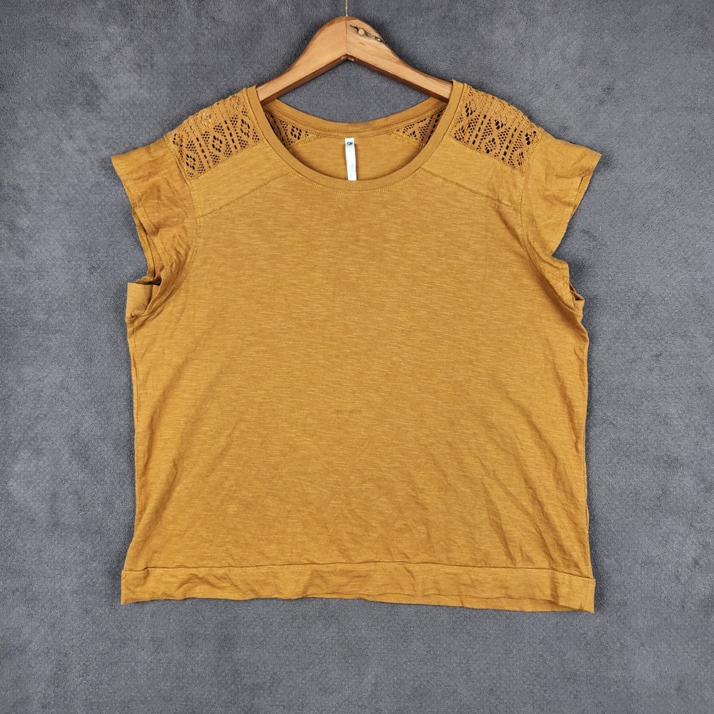 Kuhl Shilo Short Sleeve Tee Womens Large Yellow Lace Shoulder Organic Cotton Top